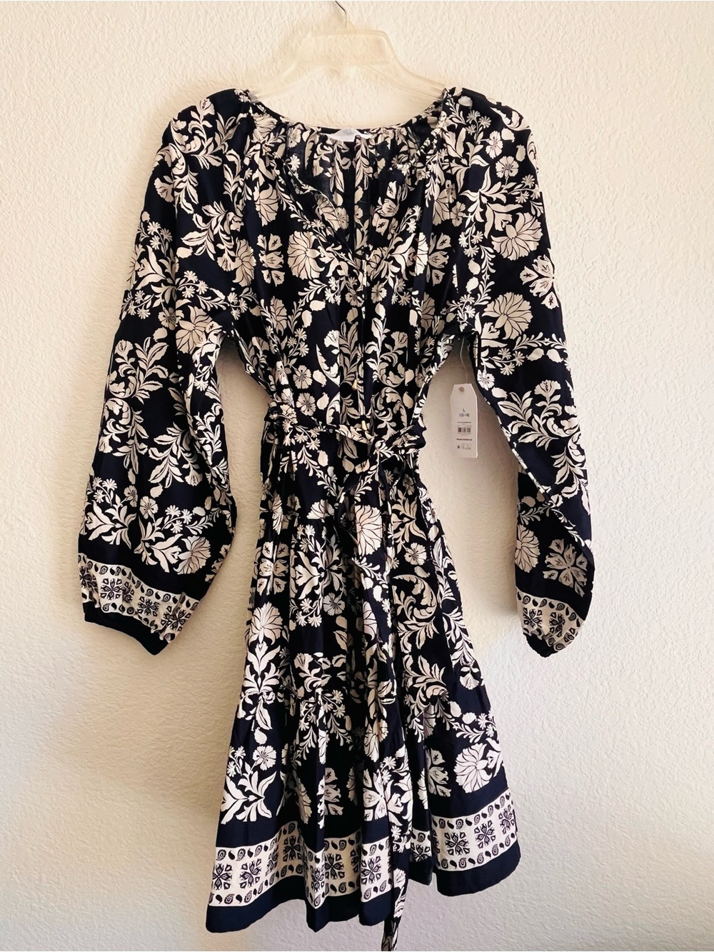 Dark Navey White Floral Tie-Waist Peasant Dress Boho Mini Flowy Womens L (12-14)